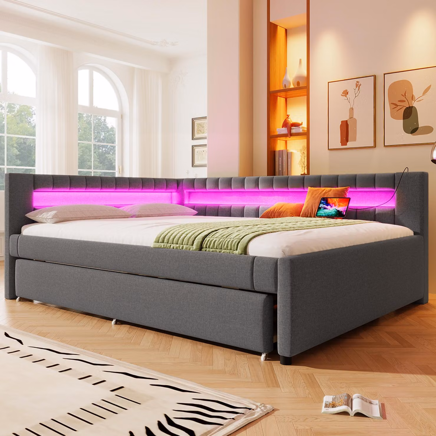 Divano letto STILVORA con rete, letto da giorno allungabile, letto imbottito 140×200 con contenitore, letto per ragazzi con USB + TYPE-C, struttura letto senza materasso
