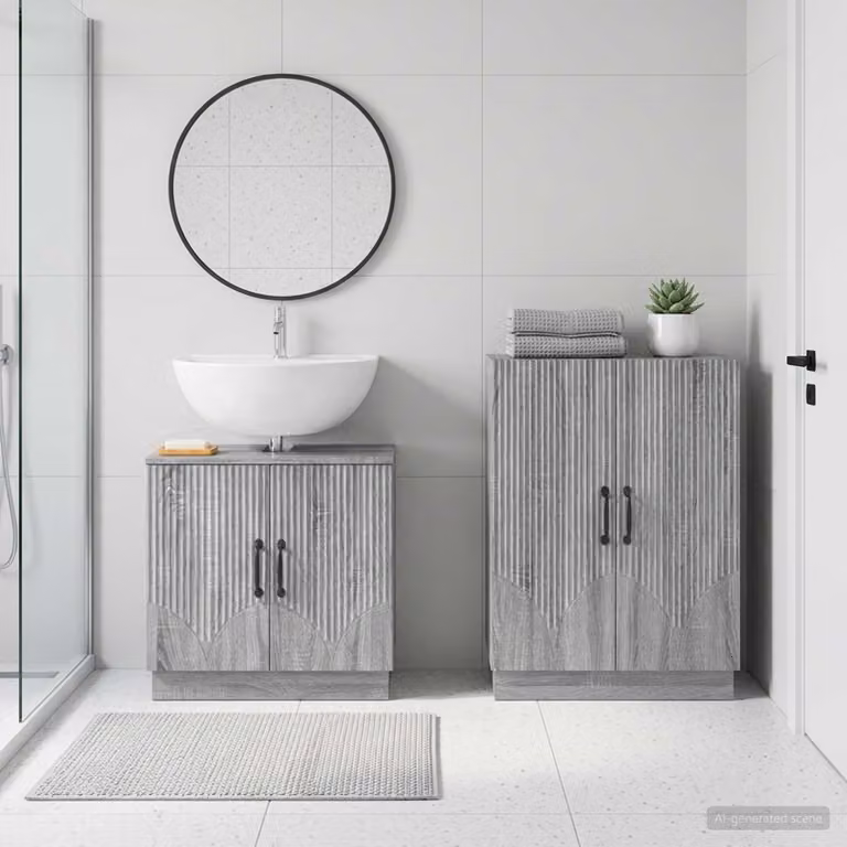 Set di mobili da bagno vidaXL HOORN composto da mobile sottolavabo e mobileto laterale in legno, colore grigio, stile moderno, autoportante