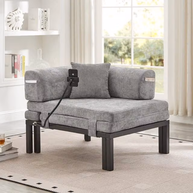 Divano letto pieghevole 98.0x82.0x16.0 cm con letto singolo estraibile in legno e velluto grigio chiaro