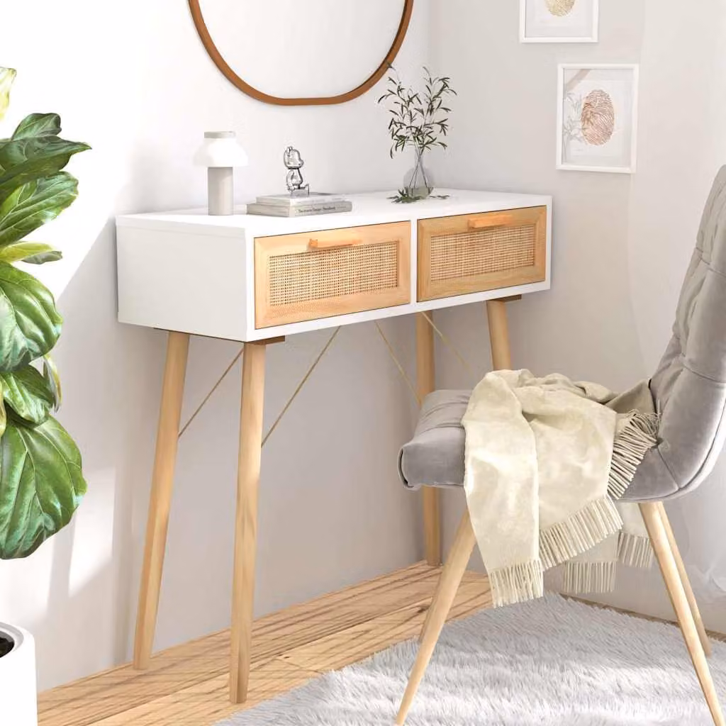vidaXL Tavolo Consolle in Legno di Pino Massello e Rattan Naturale, Bianco, L 80 x P 30 x H 75 cm