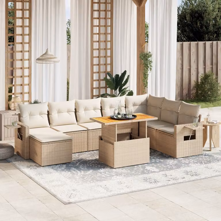 vidaXL Set Divano da Giardino 9 pz a Forma di L in Polyrattan con Cuscini Beige e Tavolino da Caffè