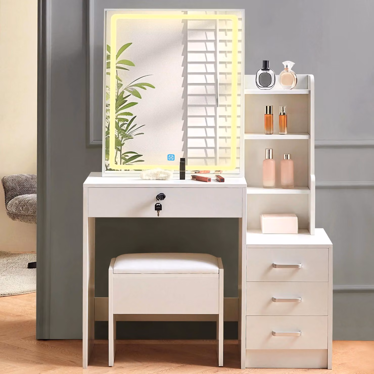 Comò da trucco con illuminazione, specchio, regolazione della luminosità e 4 cassetti
