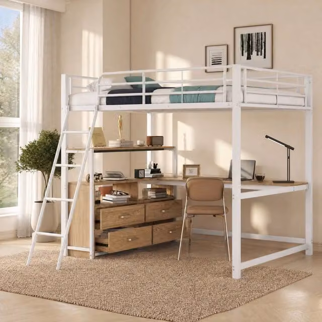 Letto 140 x 200 cm con scrivania a L; 4 cassetti; MDF e metallo; bianco