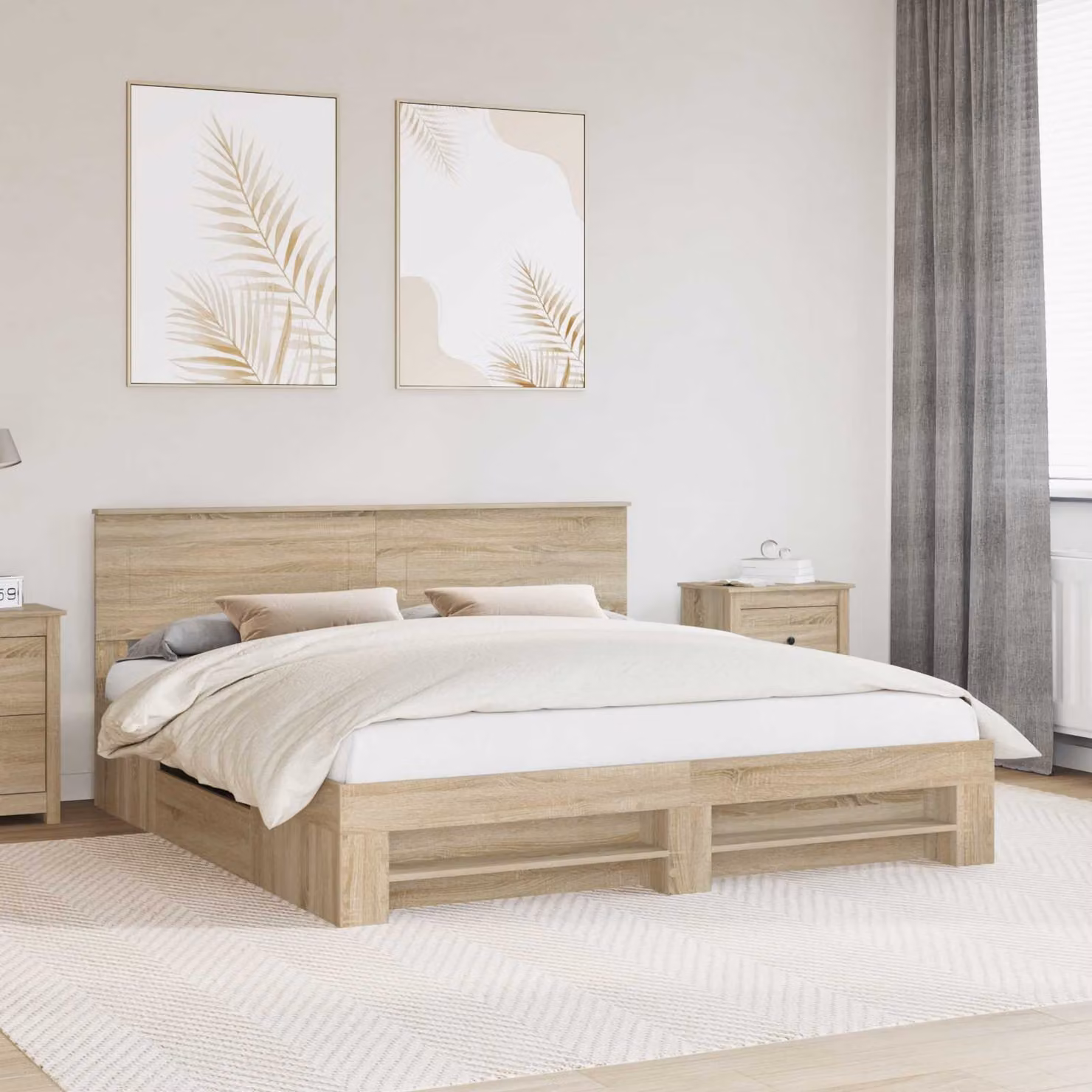 Struttura del letto con testiera vidaXL in legno Rovere Sonoma, colore marrone, 200 x 200 cm