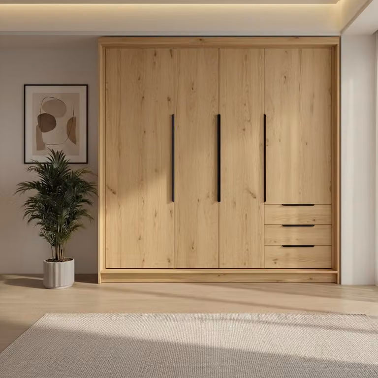 Spazioso armadio a quattro ante KLARI con cassetti e maniglie in metallo – design moderno