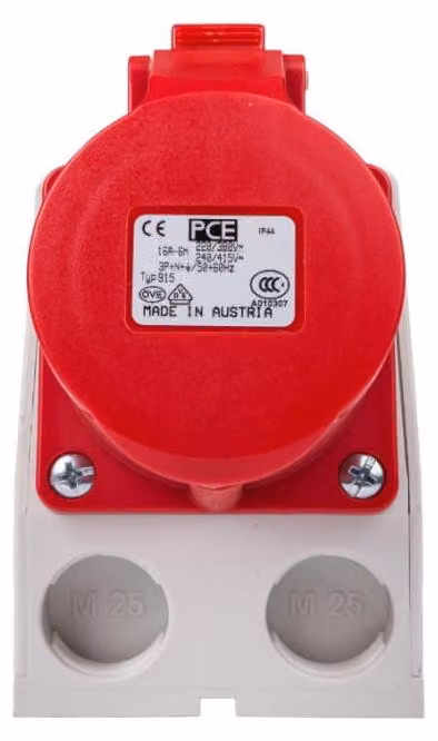 Prese multiple combinate con interruttore di sicurezza, modello 0-1 M25, 16A, 5P, 400V, colore rosso, grado di protezione IP44, codice prodotto 915-6W