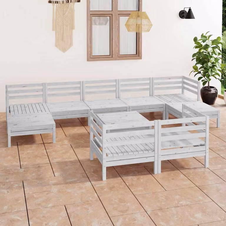 vidaXL Set Salotto da Giardino a L in Legno di Pino Bianco con 10 Pezzi e Cuscini Inclusi