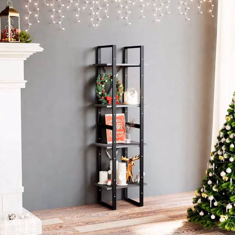 Libreria Industrial vidaXL in Legno di Pino e Metallo, 4 Ripiani, Grigio e Nero, L 40 cm x P 30 cm x H 140 cm