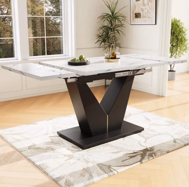 Tavolo da pranzo allungabile in MDF con piano marmo, 99-159×75 cm, gambe a V bianche, design salvaspazio