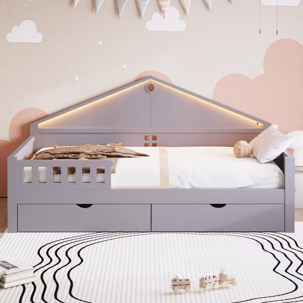 Letto singolo grigio con 2 cassetti e illuminazione LED in legno massello e MDF, L/P/H: 90 x 200 x 39.5 cm – 2