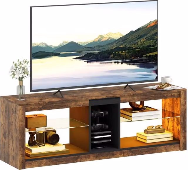 Mobile TV Minimal con luci LED e telecomando in legno e vetro, marrone, L 140 cm x P 35 cm x H 47 cm – 1