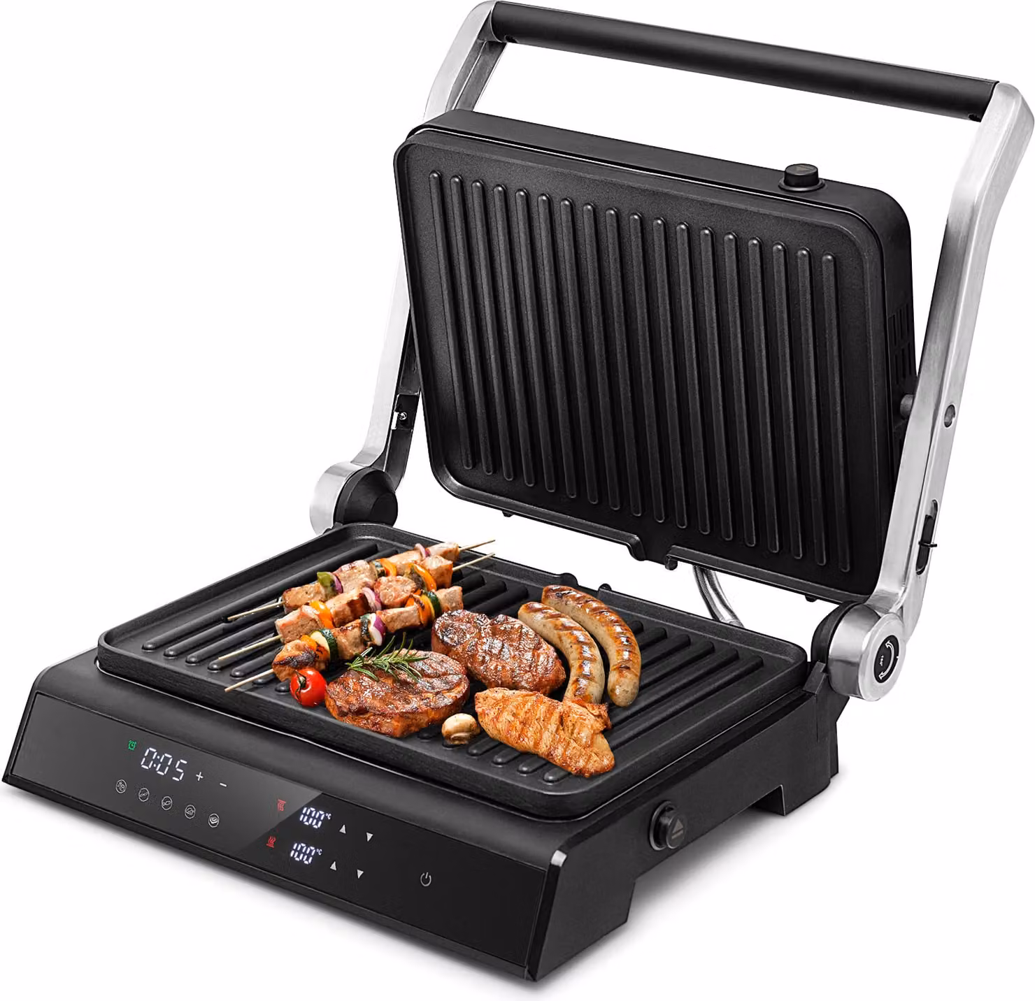 Griglia a contatto COSTWAY per panini fino a 230℃, griglia da tavolo 5 modalità, griglia elettrica con display a LED, timer 4H, rivestimento antiaderente, macchina per panini multigrill 35x32x14.5cm