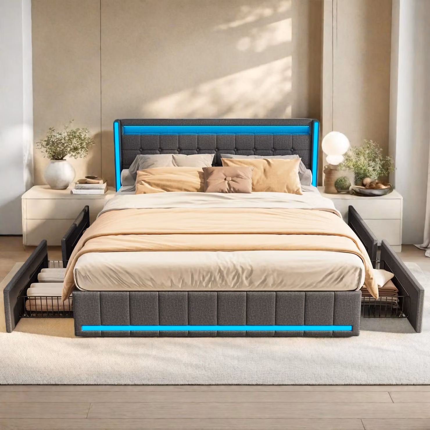 Letto matrimoniale 140x200 con contenitore, imbottito con illuminazione LED, dotato di prese USB e di tipo C, letto per giovani con 4 cassetti, rivestito in lino, colore grigio scuro
