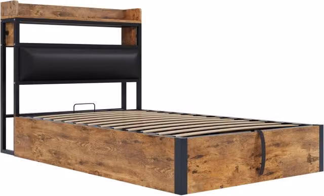 Letto contenitore 90x200cm con USB e USB-C; testiera imbottita e ripiano effetto legno; nero