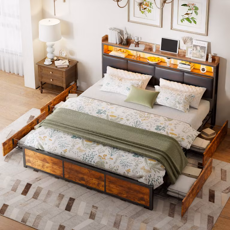 CDGlobal letto matrimoniale in metallo 160x200cm con rete a doghe, letto per ragazzi con led e mensola, letto contenitore con 4 cassetti, PU, nero