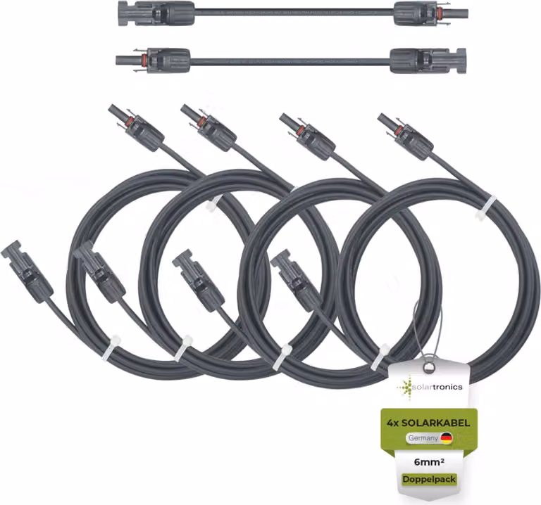 Confezione doppia di cavi solari: 4 cavi fotovoltaici da 6 mm² H1Z2Z2-K, nero e nero, con connettori solari. Lunghezza: 4 x 15 m - 6 mm²