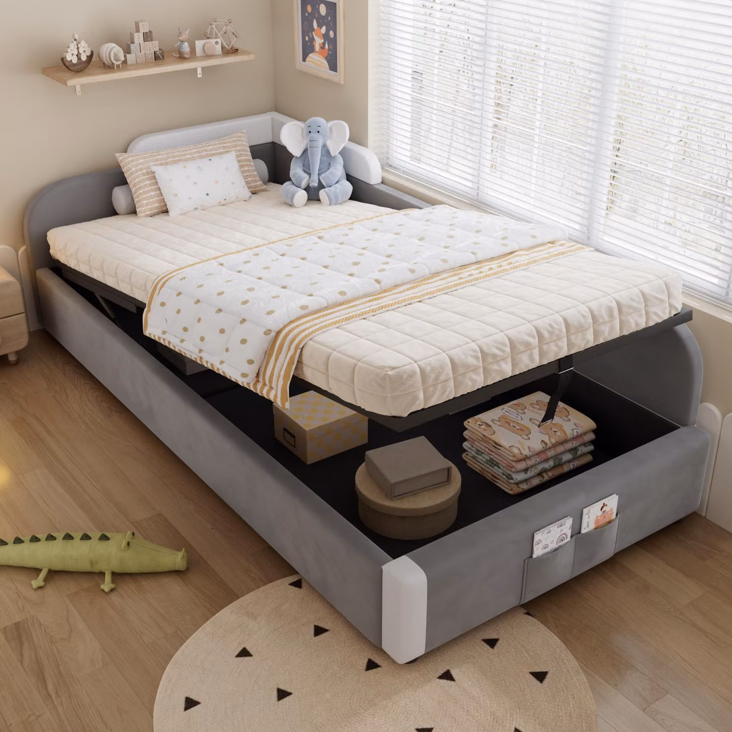 Letto imbottito Merax 90x200cm per bambini, letto idraulico con contenitore, recinzione morbida rialzata, letto singolo con velluto + multistrato, grigio destro