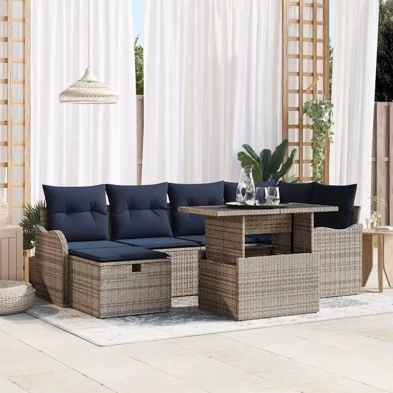 Set Divano da Giardino vidaXL 7 pz Grigio in Polyrattan con Cuscini e Tavolino da Esterno