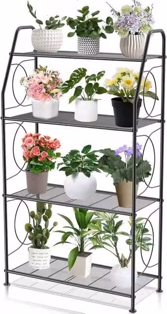 Supporto per piante a 4 livelli per interni ed esterni, supporto per piante metallico alto per salotto, balcone e giardino nero