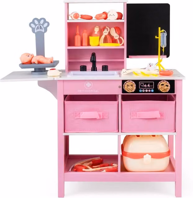 Set gioco medico in legno rosa con tavolo pieghevole, lavandino, bilancia e accessori per la cura degli animali – 1