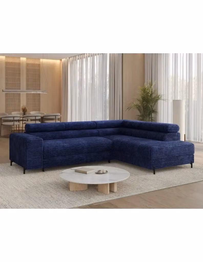 Divano angolare convertibile COLESIA di MEUBLORAMA, modello a 5 posti in velluto a coste blu con lato destro, L 274 cm x P 200 cm – 2