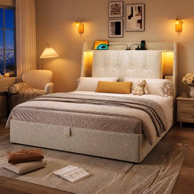 Letto imbottito MODFU con contenitore, luci LED, porte USB e USB-C e mensola integrata, colore beige, L/P/H: 90 x 200 x 76,7 cm