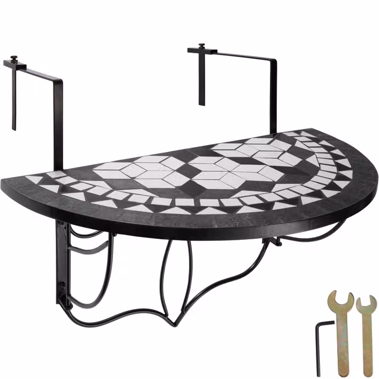 Tavolino da balcone o giardino TecTake con decorazione a mosaico astratto, piano a ribalta e struttura in acciaio verniciato a polvere, L/P/H: 75 x 65 x 62 cm, nero/bianco