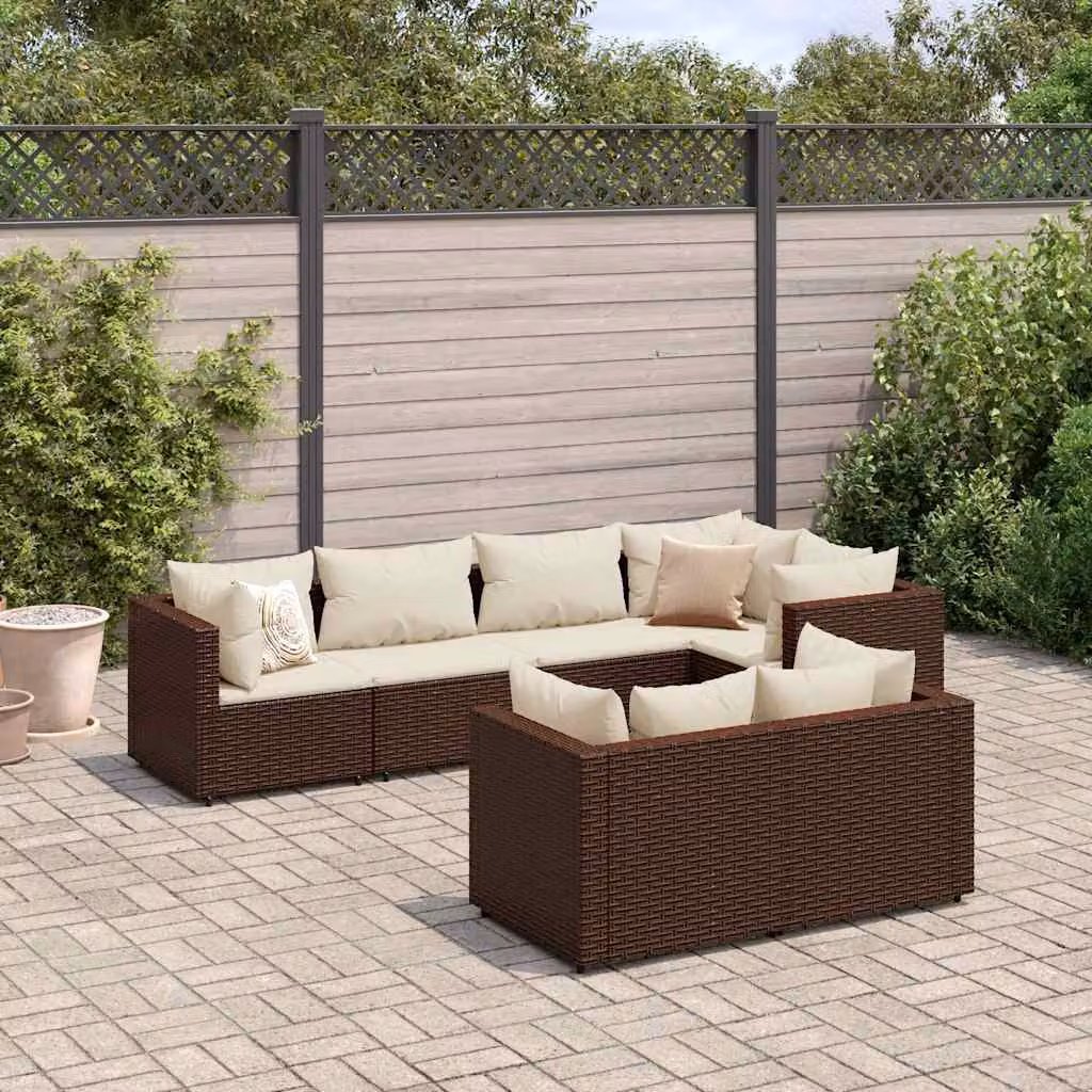 Set Divani da Giardino vidaXL 7 pz in Polyrattan Marrone e Bianco con Cuscini e Struttura in Acciaio Verniciato a Polvere