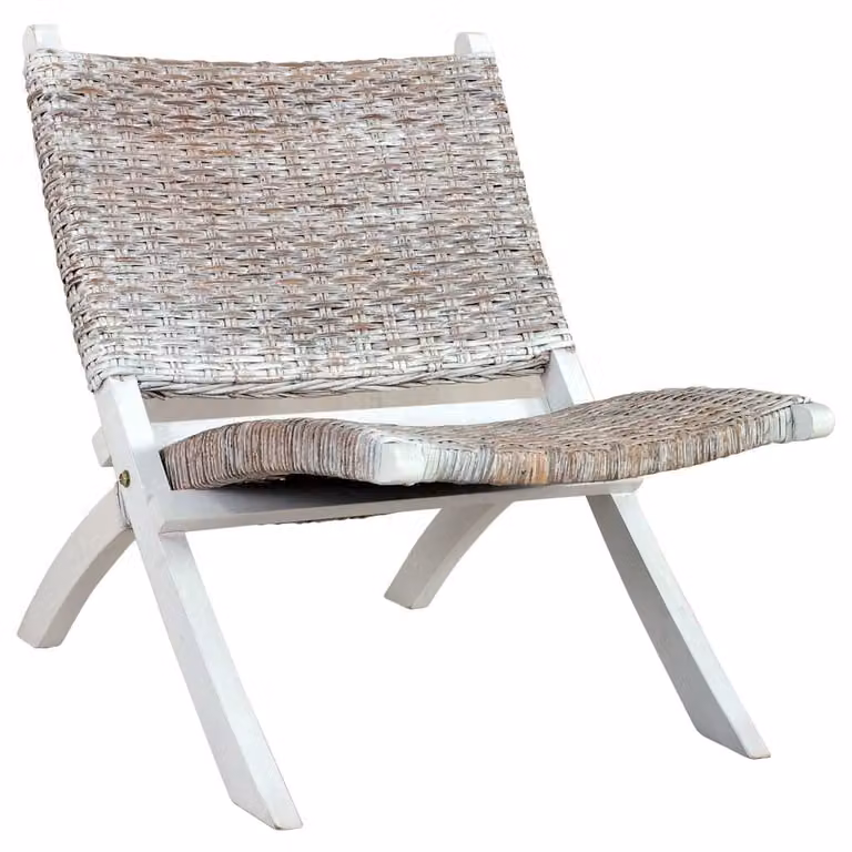The Living Store Sedia relax in rattan Kubu bianco naturale e legno massiccio di mogano