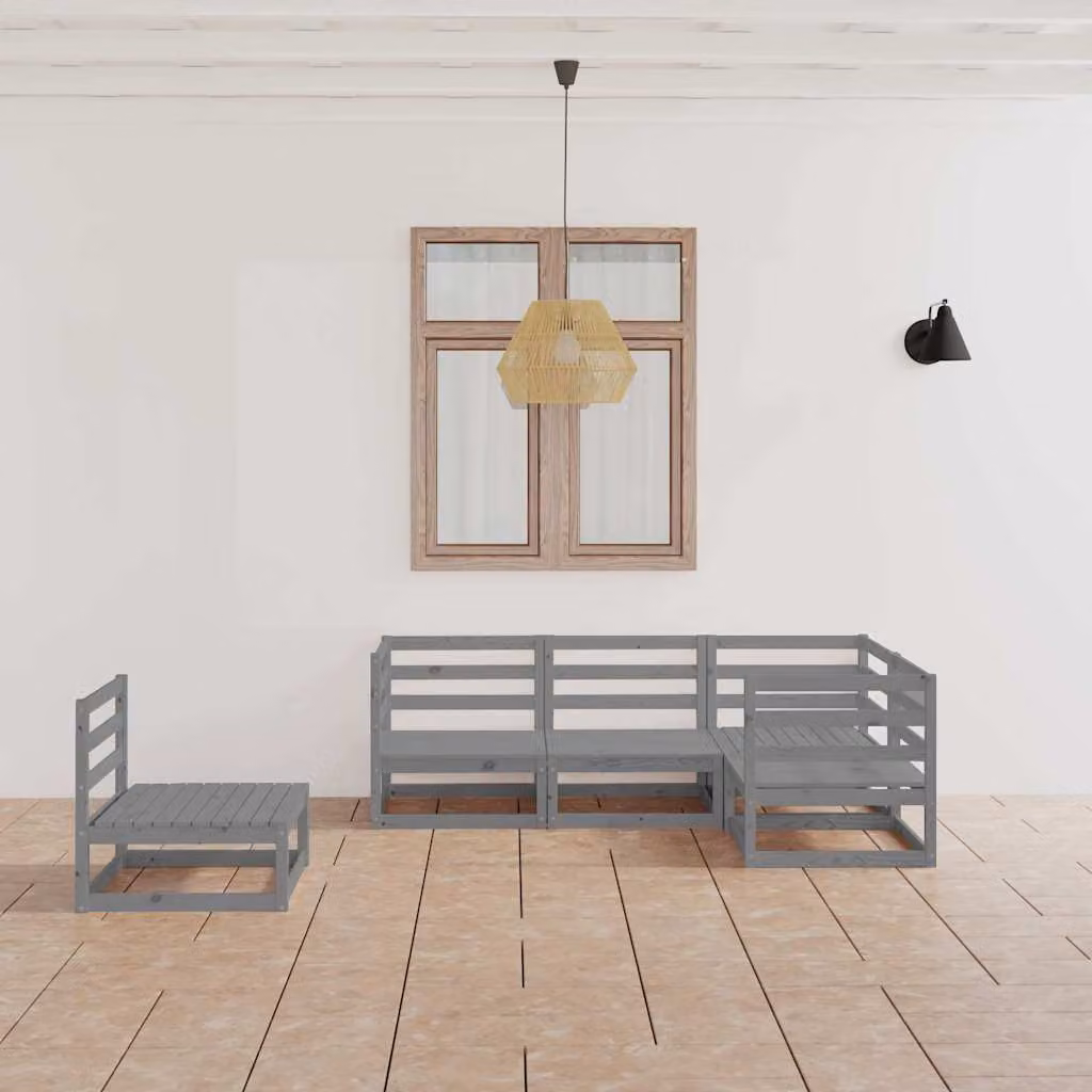 Set di divani da giardino vidaXL a forma di L in legno di pino con cuscini grigi
