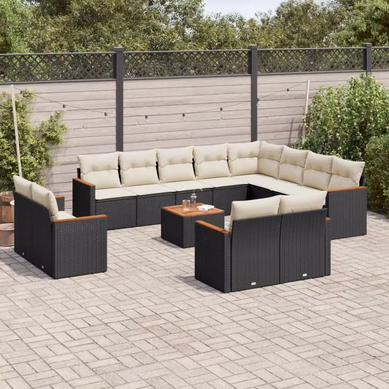 Set di divani da giardino vidaXL a forma di U in polyrattan nero con cuscini inclusi e tavolino da esterno