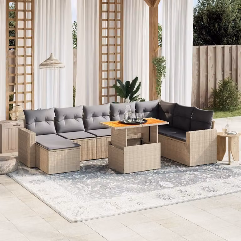 vidaXL Set Divano da Giardino a L 9 pz in Polyrattan con Cuscini Beige e Tavolino da Esterno