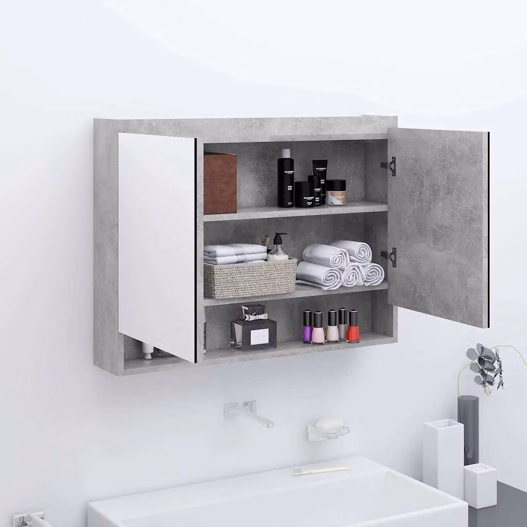 Armadietto da bagno con specchio e illuminazione LED vidaXL in MDF grigio, L: 80 cm, P: 15 cm, H: 60 cm