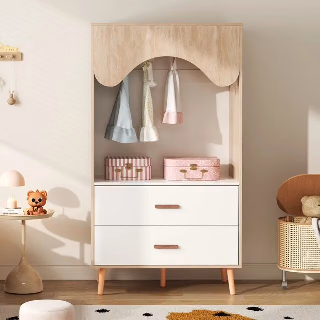 Armadio per bambini MINIMAL con cassetti e appendiabiti, Bianco e Legno Naturale, L: 80 cm, P: 46 cm, H: 141,5 cm – 1