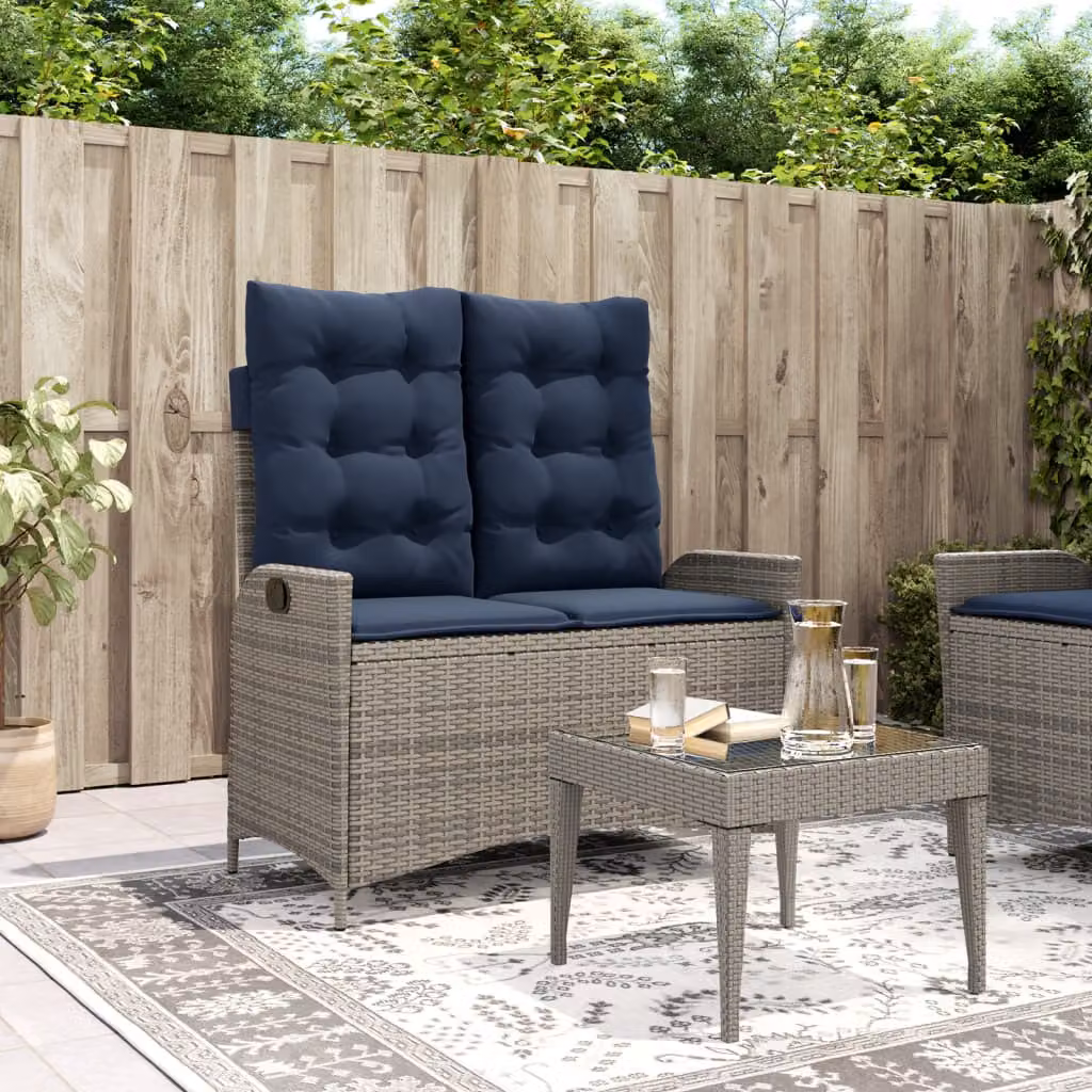 vidaXL Panca Reclinabile da Giardino in Polyrattan e Metallo con Cuscini Blu e Grigia