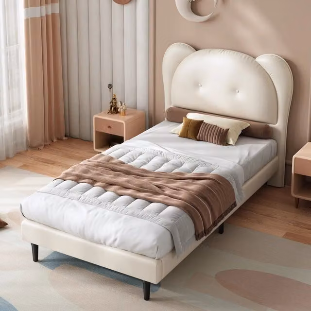 Letto per bambini singolo 90 × 200 cm, testiera a forma di animale, struttura in ferro, senza materasso, PU beige