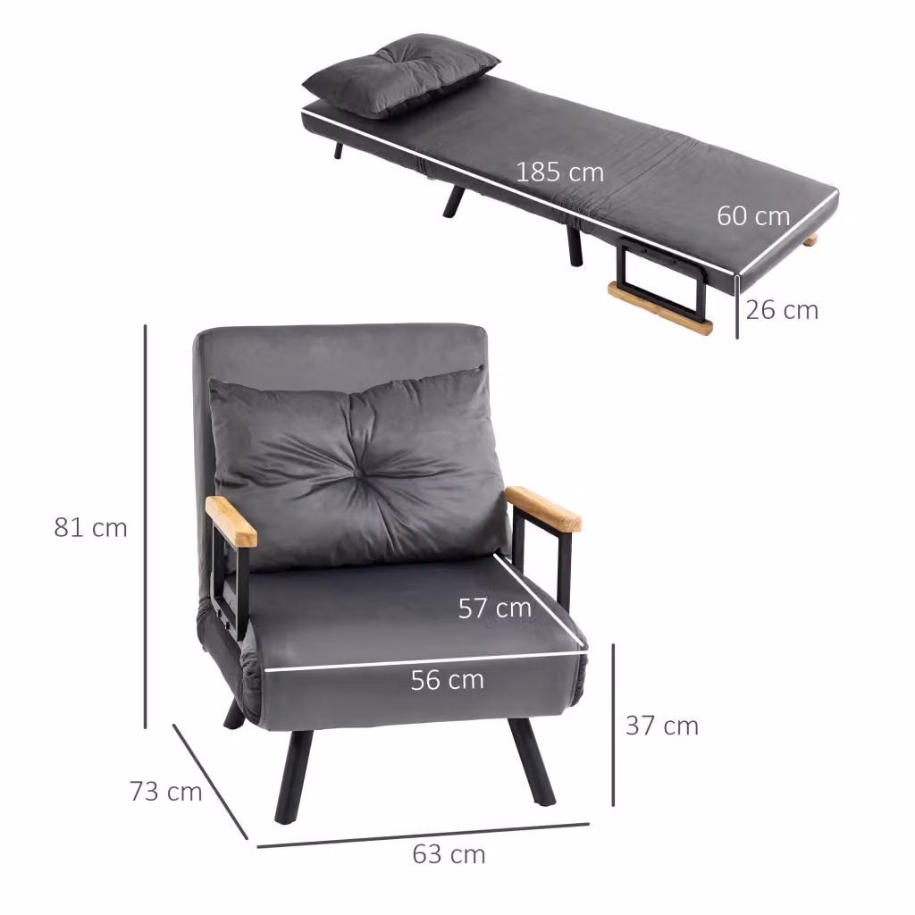 Poltrona letto multifunzione WISHDOR in velluto grigio con schienale reclinabile e struttura in metallo e legno – 2