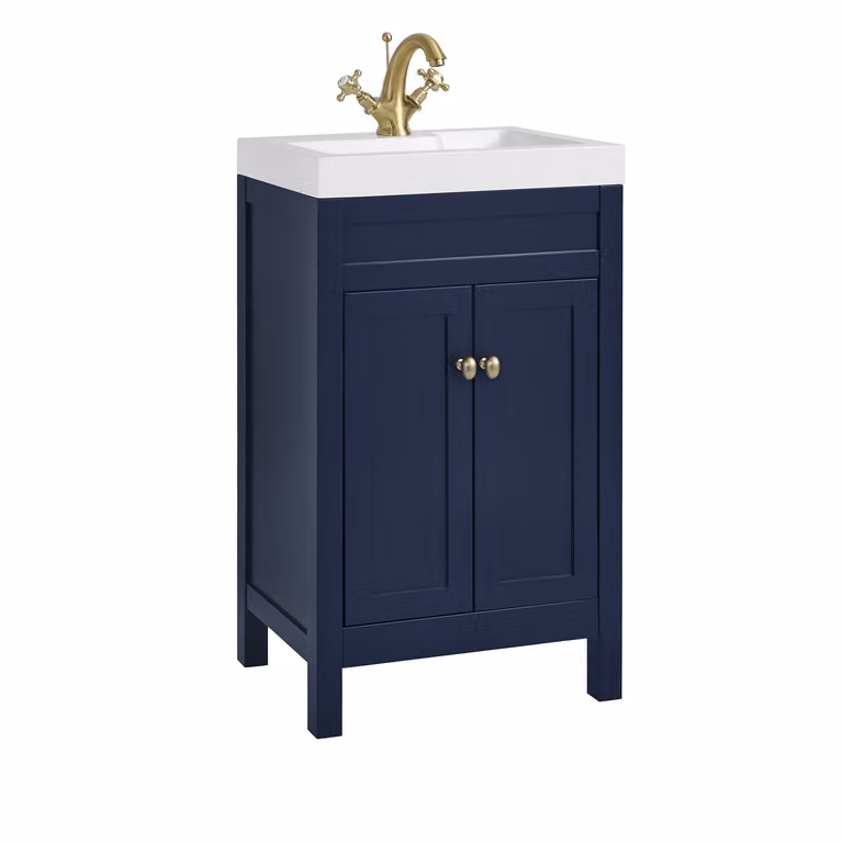 Mobile Bagno Blu Marino da 500mm con Lavabo e Maniglia Classica Rotonda in Oro Satinato - Warwick