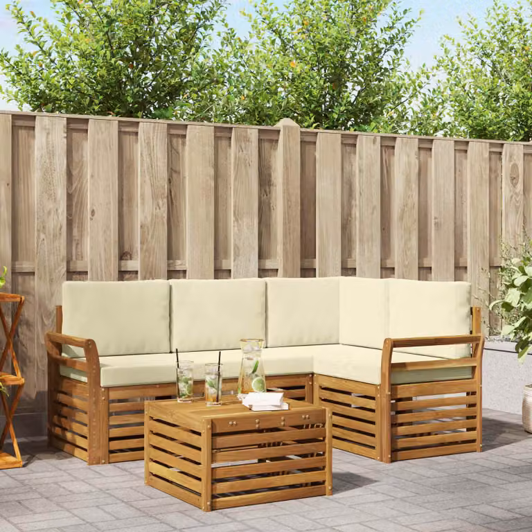 Set di divani da esterno vidaXL a forma di L in legno di acacia con tavolo da caffè, 5 pezzi, Beige e Marrone