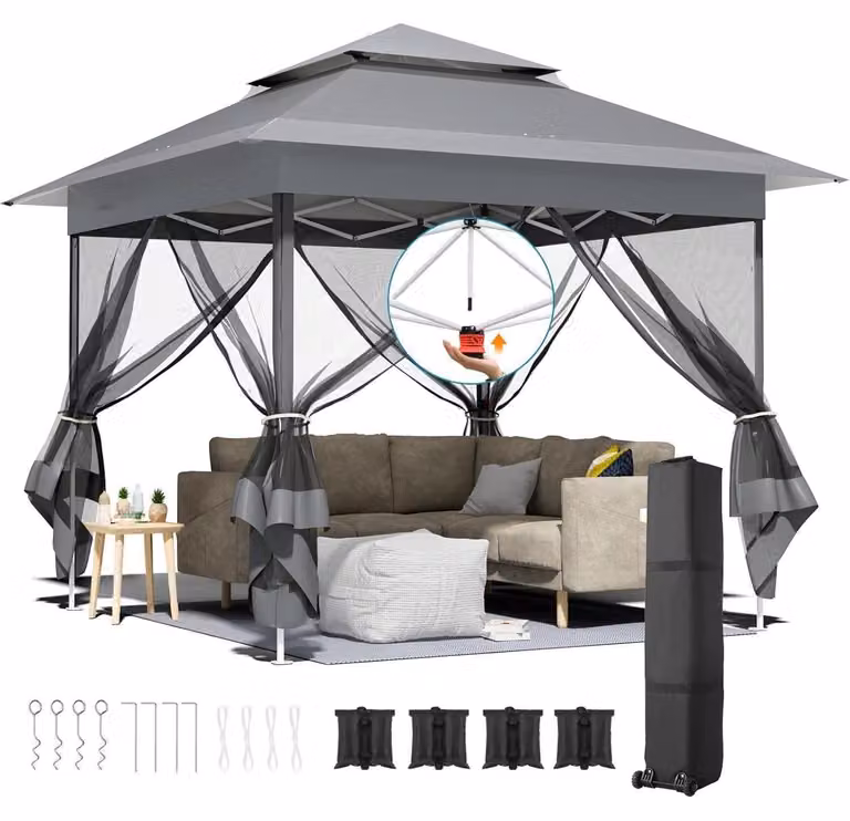 Gazebo da esterno 3,3x3,3 metri, colore grigio scuro, con 4 zanzariere, impermeabile, protezione UV 50+, tetto a doppia falda, completo di 4 sacchi di sabbia