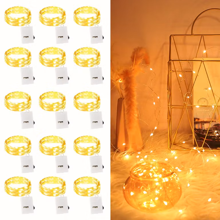 Confezione da 15 metri di catena luminosa a LED, filo di rame, luce bianco caldo, alimentazione a batteria