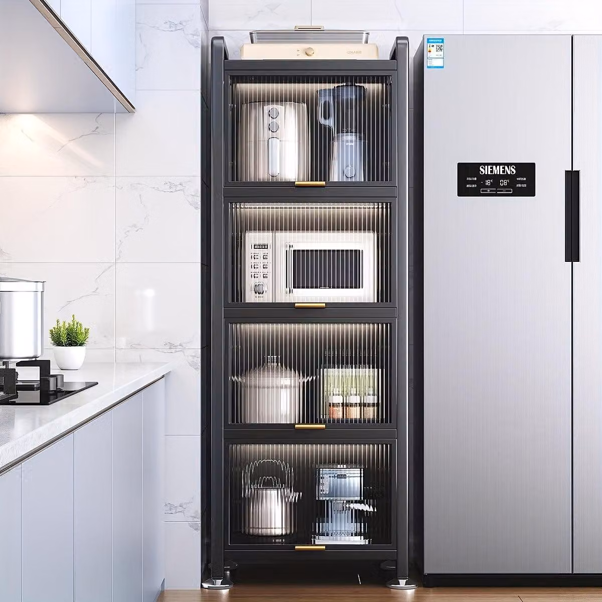 Mobiletto da cucina - Carrello da cucina - Armadietto portaoggetti - Supporto per microonde - Scaffale con ante a ribalta