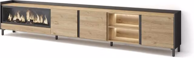 Mobile TV Soggiorno, 315x61x35 cm, Per TV fino a 80", Camino elettrico XXL, Design industriale, LED, Rovere e nero