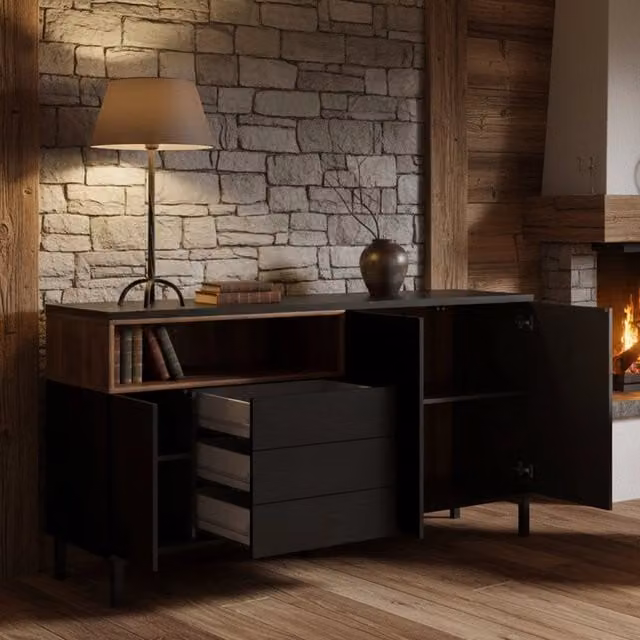 Credenza Julie DMORA, Buffet e Madia moderna per soggiorno o cucina, Nero e Noce, L: 176 cm, P: 48 cm, H: 90 cm