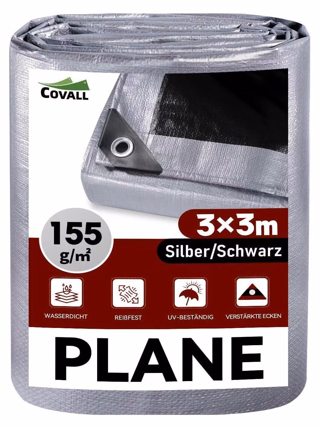Telo coprioggetto con occhielli, 3x3 metri, 155 g/m², colore argento/nero, impermeabile, resistente allo strappo, stabilizzato contro i raggi UV
