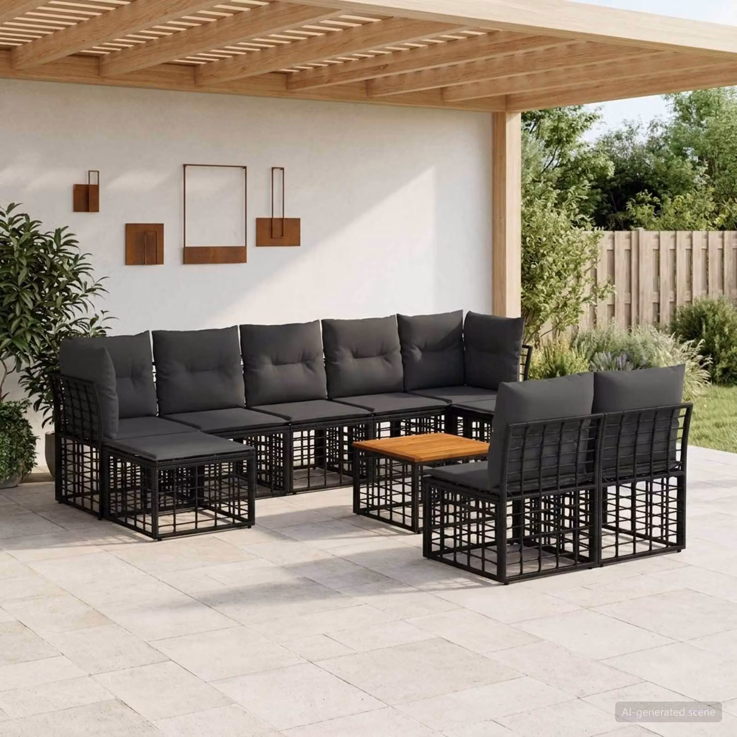 Set di divani da esterno vidaXL 10 pezzi a forma di U con tavolino e pouf, colore nero e grigio, struttura in acciaio e tessuto resistente alle intemperie