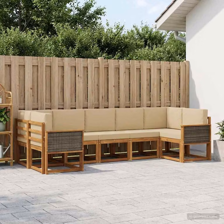Set di divani da esterno vidaXL a forma di L composto da 7 pezzi in legno di acacia con cuscini beige e marrone