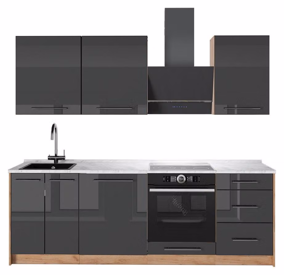 Cucina componibile Vicco Fame-Line Antracite lucido/Rovere dorato 230 cm, PL Marmo, Model 63980