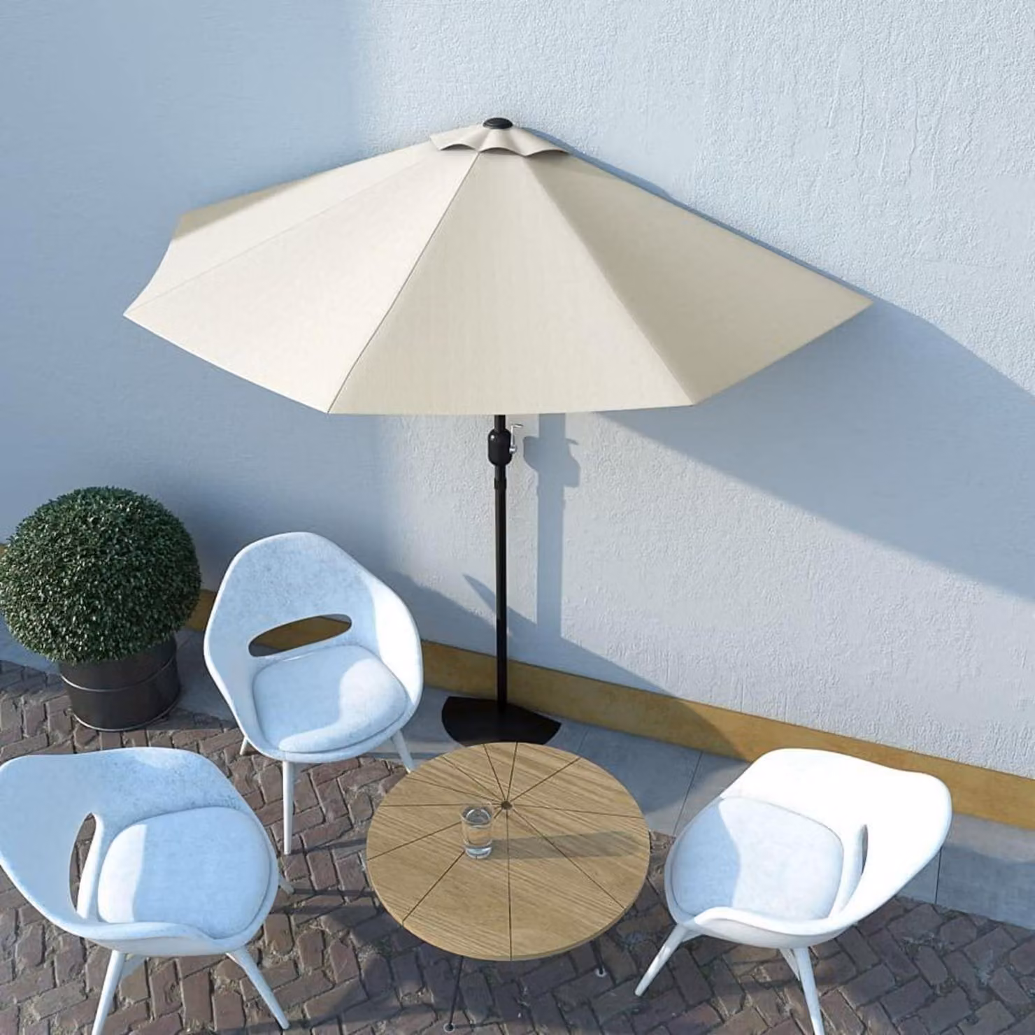 Tenda a mezza vela per balcone, a manovella, a forma semicircolare, color sabbia, dimensioni 270x135 cm, realizzata in acciaio e poliestere, con sistema di ventilazione