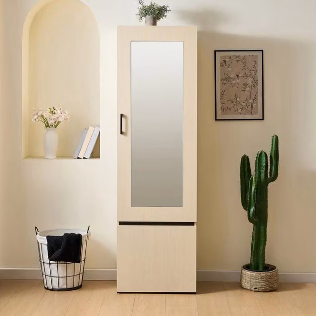 Armadio da ingresso con specchio, asta estraibile, ripiani e vano a ribalta in MDF effetto legno, 54 × 34.5 × 179.5 cm